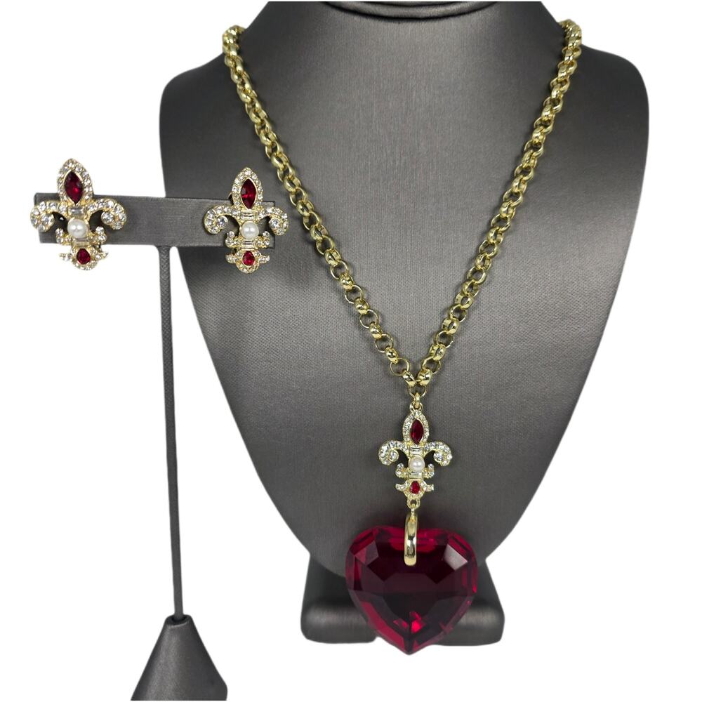 Heidi Daus Winter Heart Drop Necklace & Fleur-de-lis Clip On Earrings Set - Red